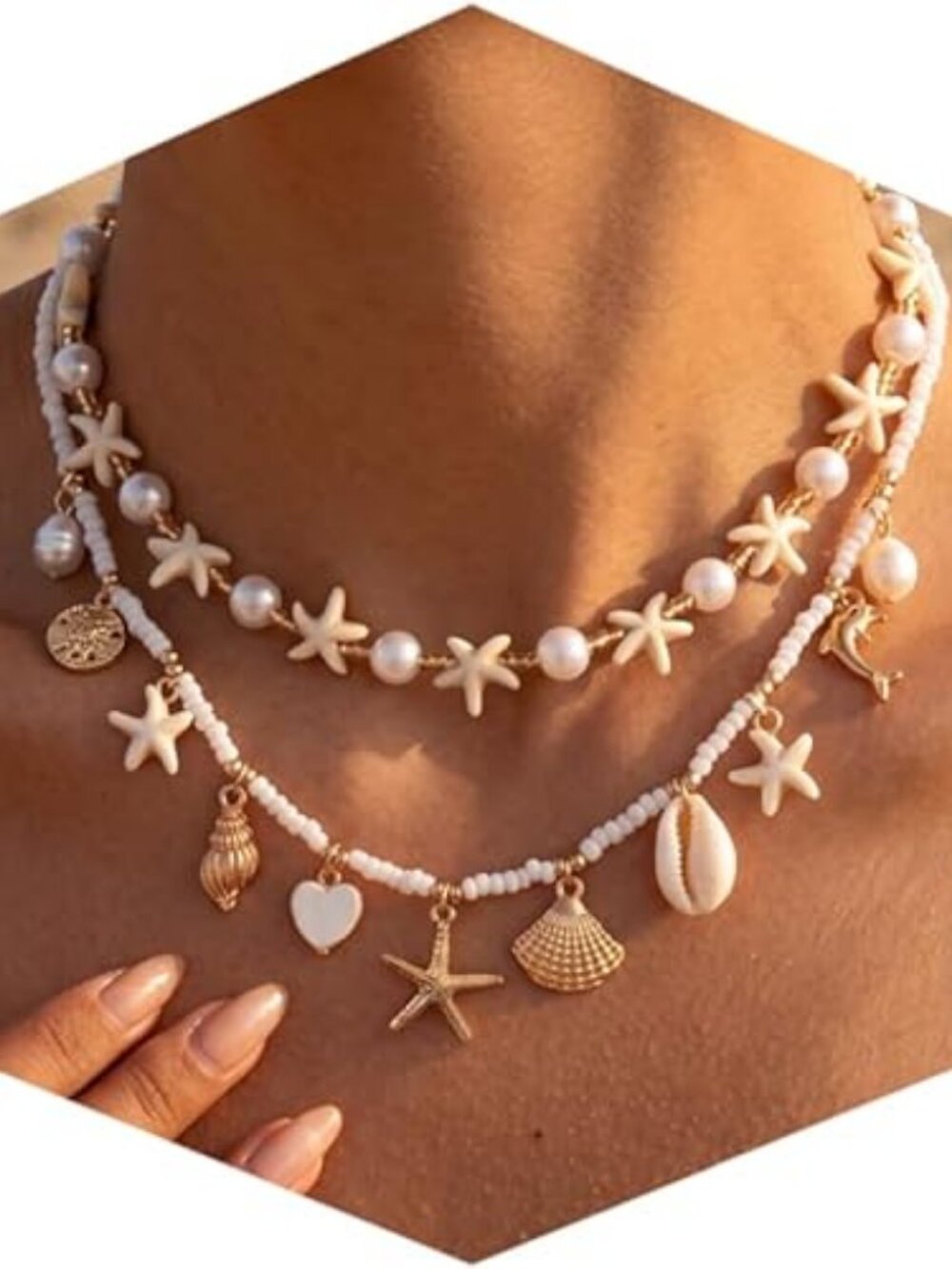 Gold Plated Shell & Starfish Layered Necklace Pearl Conch Beach Jewelry